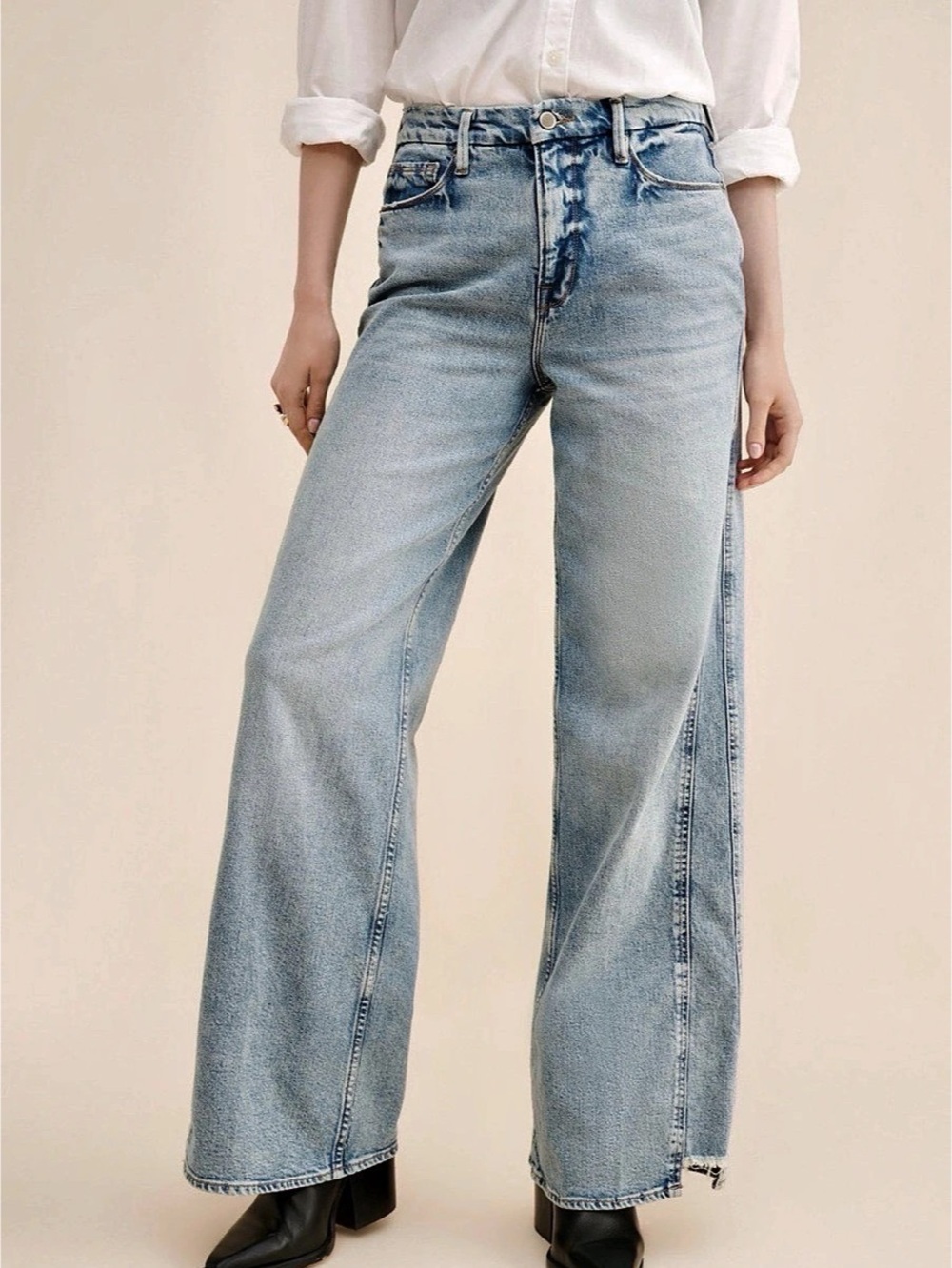 Good American Size 6 Wide Leg Jeans Medium Wash Side Panel Raw Hem